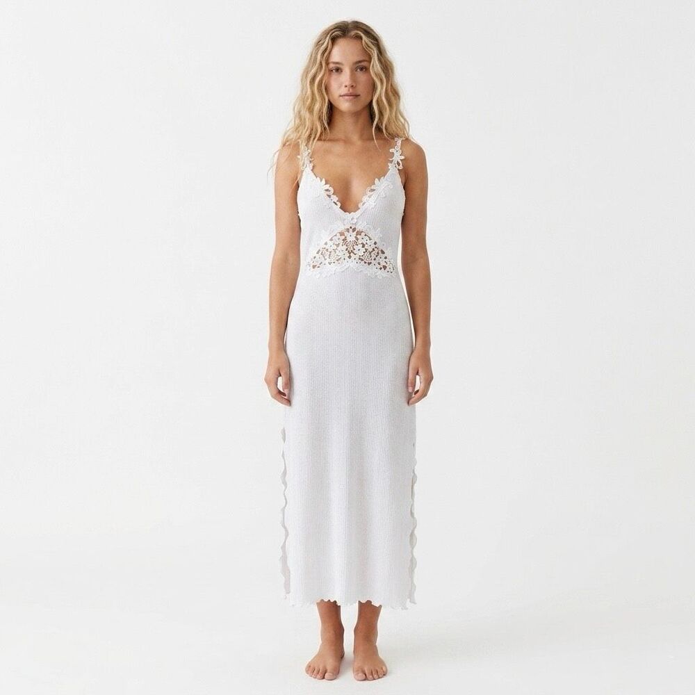Claire Pettibone White Lace Pointelle Maxi Nightgown Lingerie Slip Dress Medium